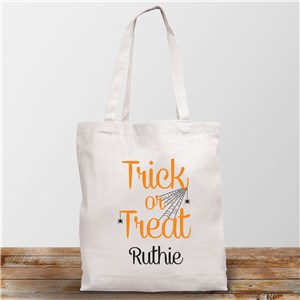Personalized Trick Or Treat White Tote Bag with Spiderweb Design