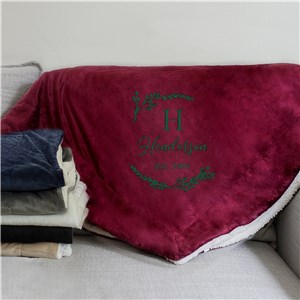 Embroidered Family Name Initial Wreath Sherpa Blanket E21601184X