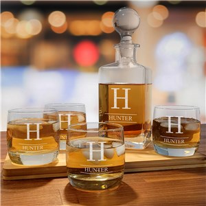 Engraved Initial and Name Luxe Decanter and Whiskey Glass Set L12850387-S4