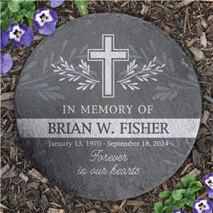 Engraved Cross with Leaves Memorial Round Slate Stone L14897414