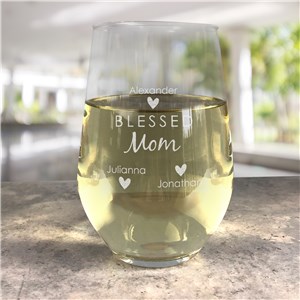 Engraved Blessed Mom Contemporary Stemless Wine Glass L19367342