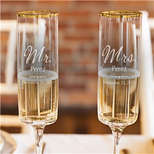 Engraved Mr. and Mrs. Wedding Gold Rim Champagne Flutes L2734371