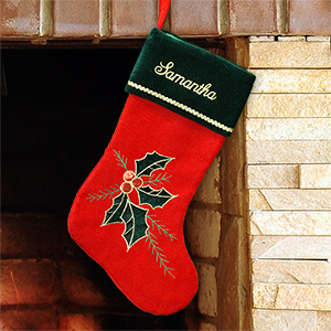 Embroidered Holly Leaves and Berries Christmas Stocking | GiftsForYouNow