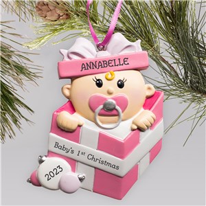 Personalized 2023 Baby's First Christmas Pink Resin Ornament