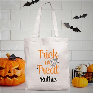 Personalized Trick Or Treat White Tote Bag with Spiderweb Design