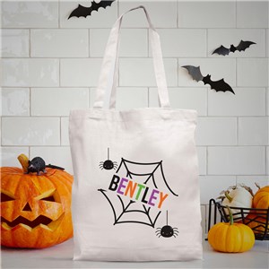 Personalized Spider Web With Name White Tote Bag for Halloween