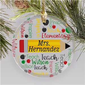 Word-Art Pencil Personalized Glass Teacher Ornament