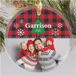 Custom Round Buffalo Plaid Glass Christmas Ornament