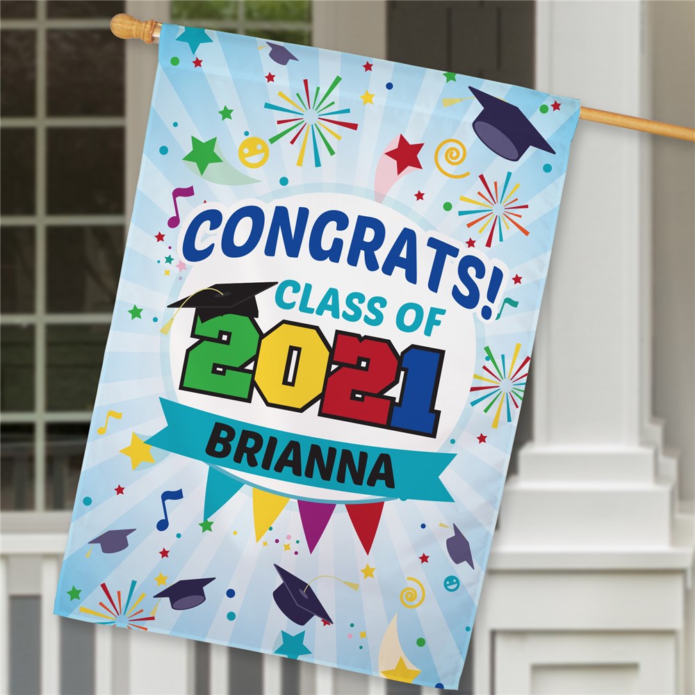 Personalized Congrats Graduation Fireworks House Flag