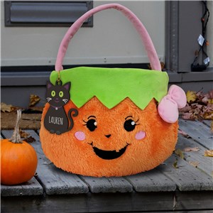 Fuzzy Pumpkin Girl Trick Or Treat Basket With Personalized Bag Tag E11887350ST