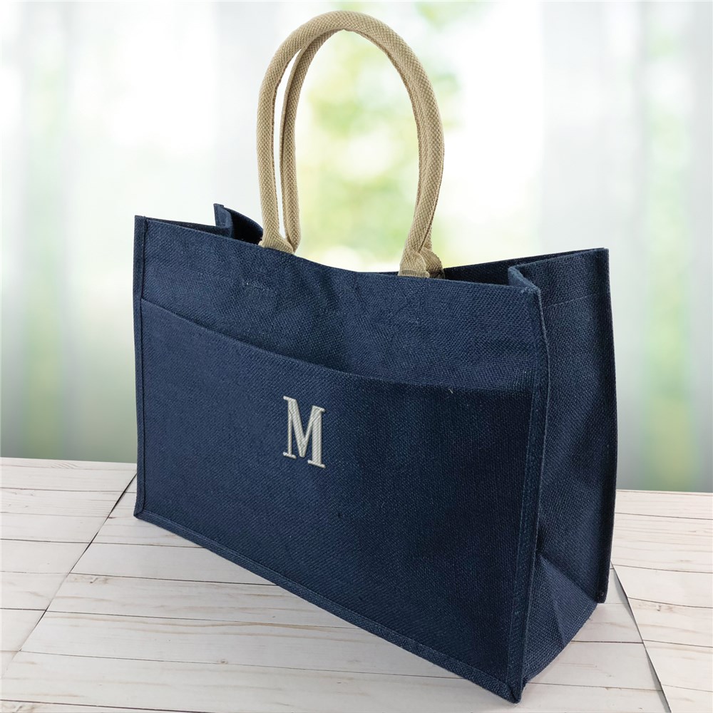 Embroidered Initials Jute Tote Bag With Pocket | GiftsForYouNow