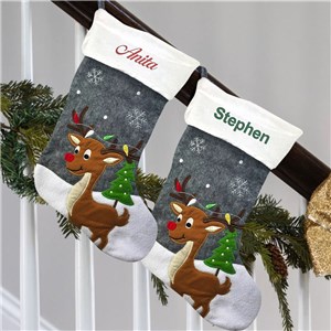 Embroidered Gray Reindeer Stocking