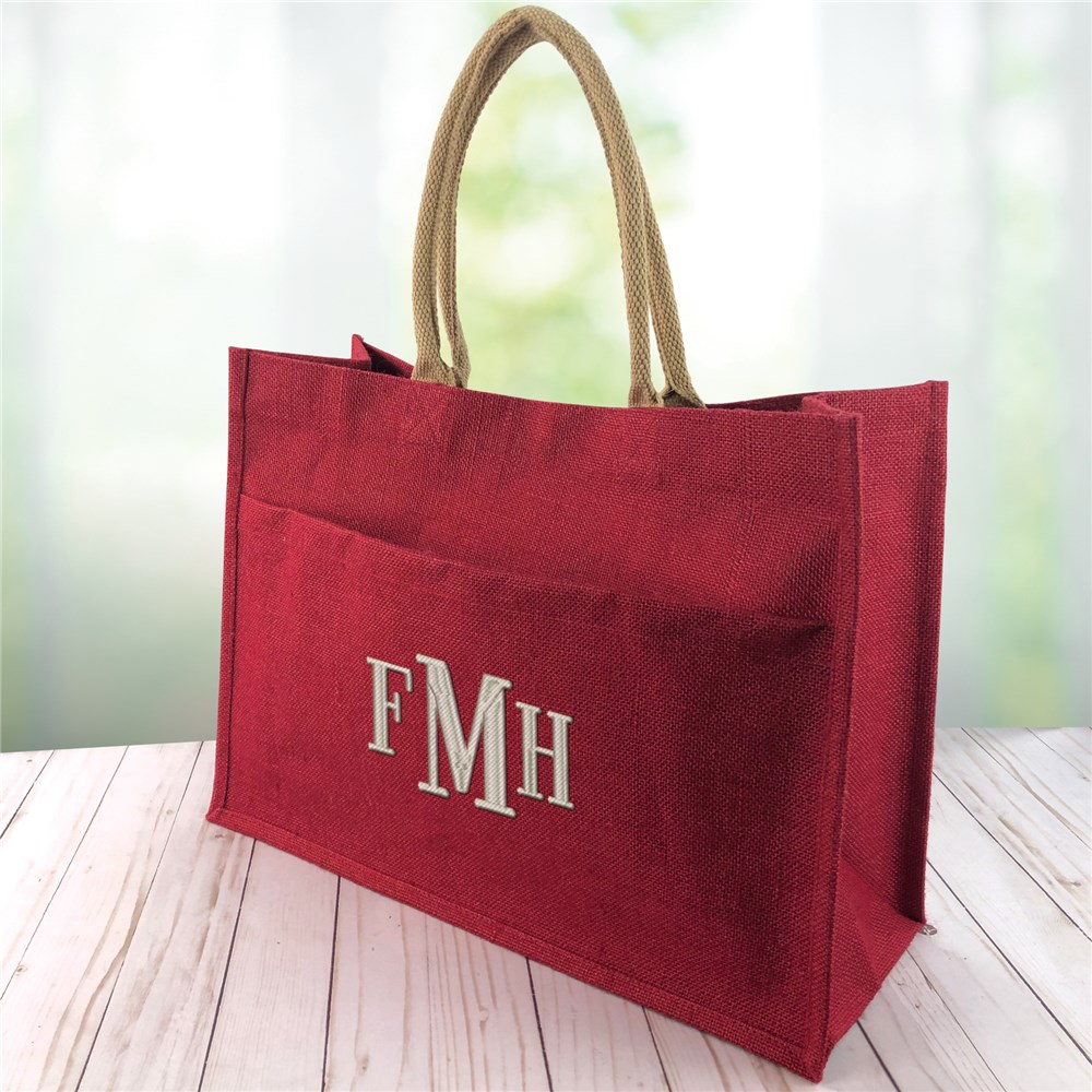 Embroidered Jute Pocket Monogram Tote | GiftsForYouNow