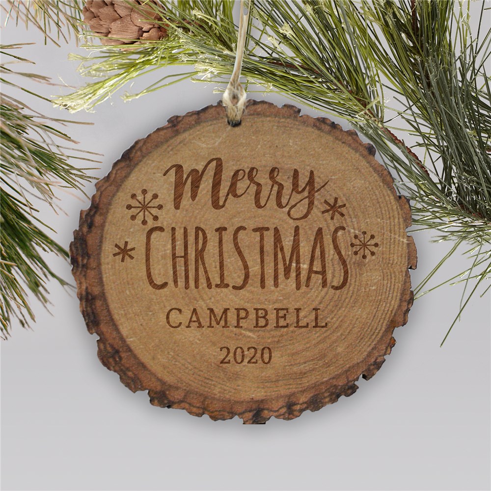 Engraved Merry Christmas Rustic Wood Holiday Ornament | GiftsForYouNow