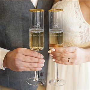 Engraved Mr. and Mrs. Gold Rim Champagne Flutes 