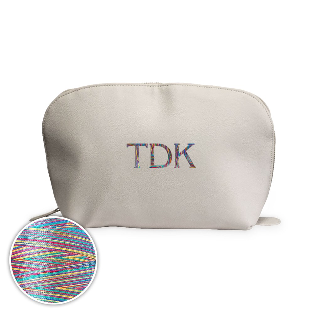 Embroidered Initials Vegan Leather Toiletry Bag with Rainbow Thread