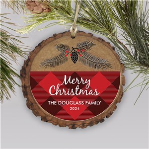 Personalized Farmhouse Plaid Wood Ornament