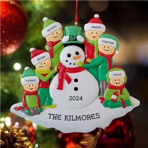 Personalized Green Hat Family Building Snowman Christmas Ornament