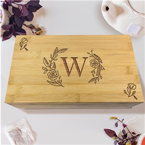 Engraved Floral Initial Bamboo Tea Box L22614426