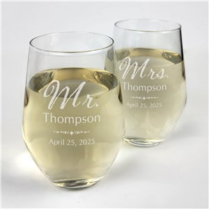 Engraved Mr And Mrs Contemporary Stemless WIne Glass Set L2734342-S2