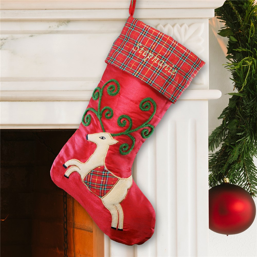 Satin and Plaid Personalized Reindeer Stocking | GiftsForYouNow