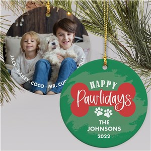 Personalized Happy Pawlidays Photo Double Sided Round Ornament