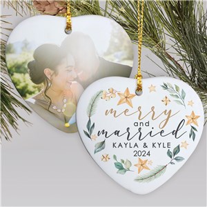 Merry & Married Heart Shaped Photo Ornament