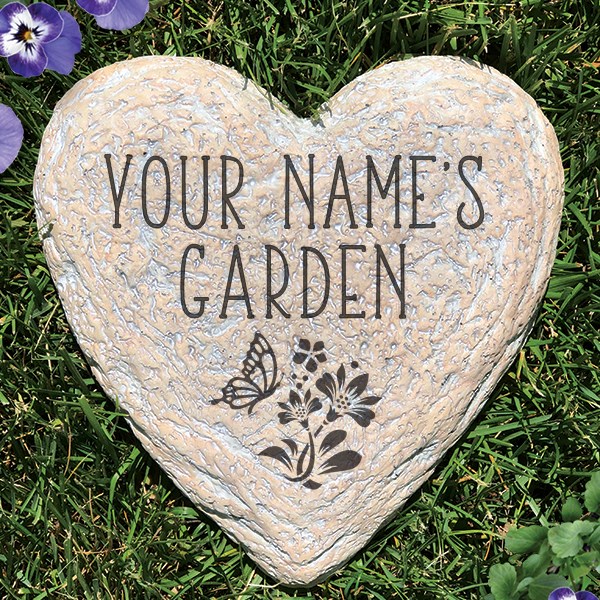 Engraved Butterfly With Flower Heart Garden Stone