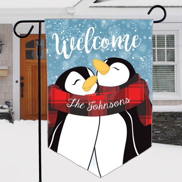 Welcome Hugging Penguin Couple Pennant Garden Flag